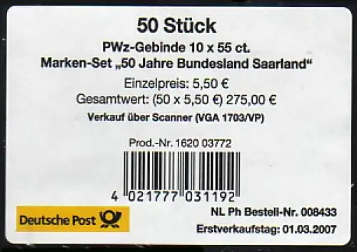 67 MH Saarland-Banderole für 50 MH