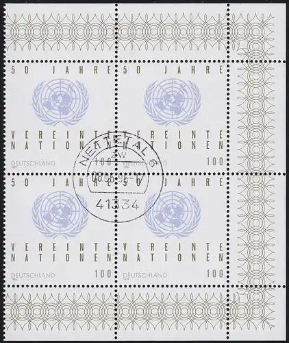 1804 50 Jahre UNO: Viererblock rechts mit PLF I und Ersttagsstempel 8.6.95