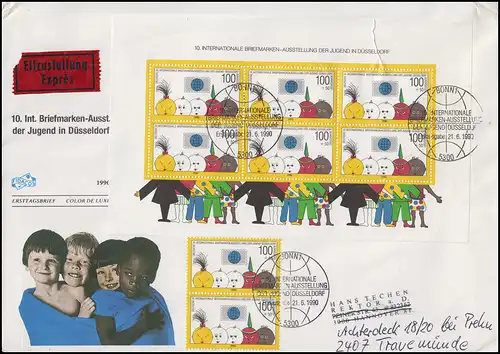 Block 21 Ausstellung Düsseldorf + Zufr. 1472 im Paar Eil-FDC SSt Bonn 21.6.1990