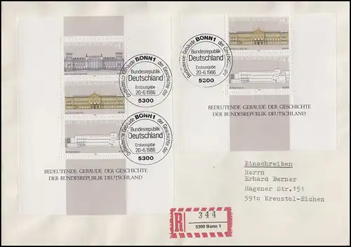 Bloc 20 Démocratie Bâtiment avec bloc 1288-1289 sur R-FDC ESSt Bonn 20.6.86