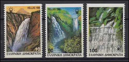 1988 Grèce 1692/1694C cascades, 3 valeurs dentées verticales