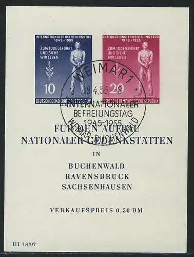 Bloc 11 Mémorial avec cachet spécial de premier jour ESTE Weimar 9.4.55