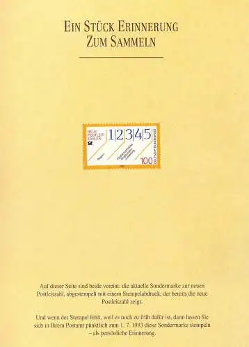 Bulletin de rappel Nouveaux codes postaux 1993: marque de code postal sans dévaluation