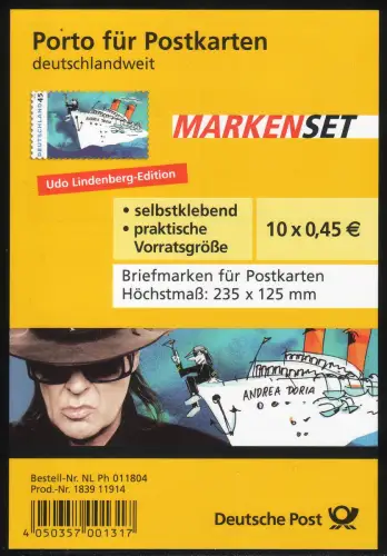 FB 9 Udo Lindenberg - Andrea Doria, Folienblatt 10x2807, **