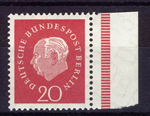 184v Heuss 20 Pf - Plattendruck/geriffelte Gummierung Seitenrand rechts **