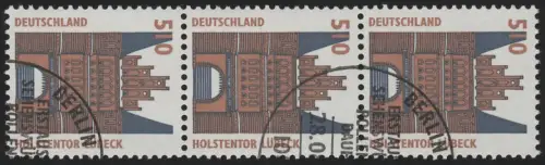 1938 SWK neue Nr. 510 Pf, 3er-Streifen + Nr., gestempelt O