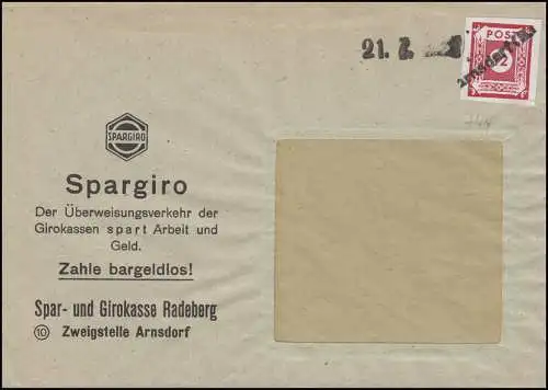 46 Ziffern 12 Pf. EF Fensterbrief Einzeiler ARNSDORF (S.) Datumsstempel 21.7.45