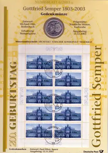 2373 Gottfried Semper / Semperoper Dresden - Numisblatt 6/2003