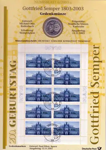 2373 Gottfried Semper / Seperoper Dresde - Numisblatt 6/2003