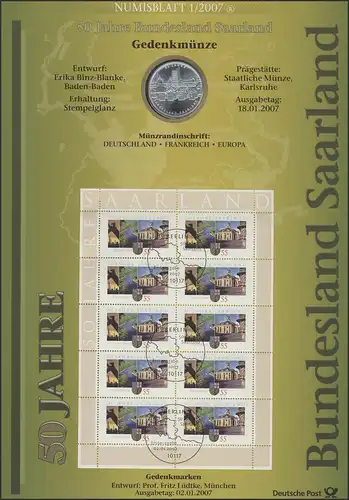 2581 50 Jahre Bundesland Saarland - Numisblatt 1/2007