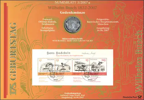 Bloc 71 Dessinateur et poète Wilhelm Busch - Numisblatt 3/2007