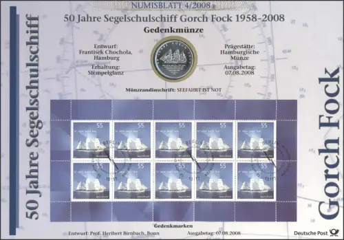 2686 50 ans de bateau à voile Gorch Fock - Numisblatt 4/2008