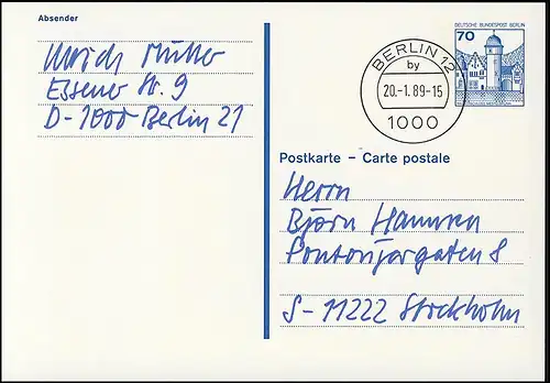 P 123 II - BuS 70 Pf Anschrift/Absender gedruckt, Tages-O BERLIN 12 -20.1.89