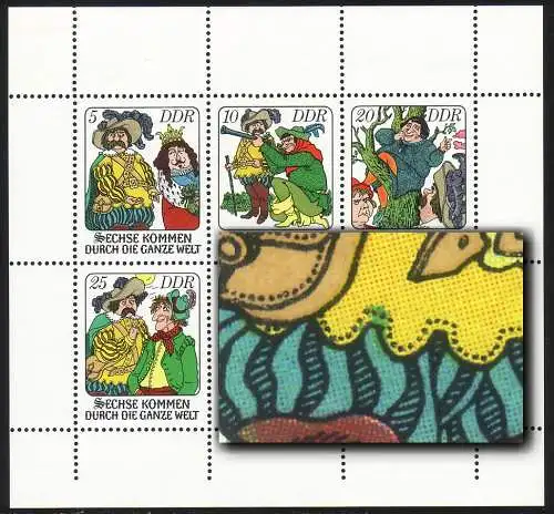 2281-2286 Märchen-Kleinbogen unten ndgz. mit PLF grüner Fleck am Hosenbund, **