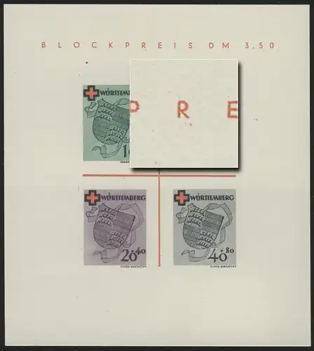 Bloc 1 Wurtemberg Croix rouge type IV (*) - original comme dépensé