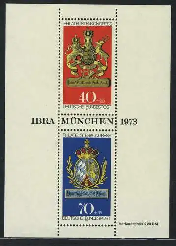 Block 9 Internationale Briefmarkenausstellung IBRA München 1973, postfrisch **