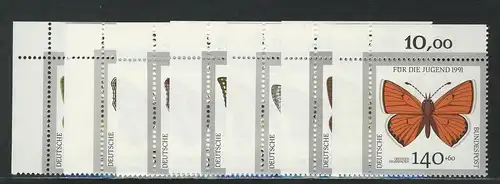 1512-1519 Jugend Schmetterlinge 1991, Ecke o.l. Satz **