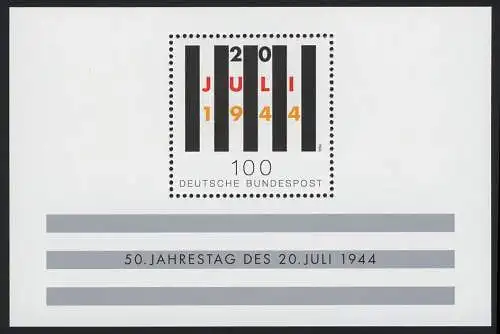 Block 29 Widerstand - Jahrestag Attentat 20. Juli 1944, postfrisch **