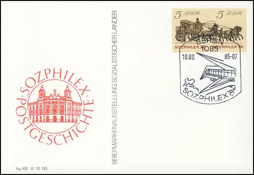 P 93 SOZPHILEX'85 5/5 Pf Voitures postales à personnes, ESSt Berlin 10.09.1985