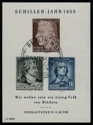 Block 12 X I Schiller, Ersttagssonderstempel Berlin