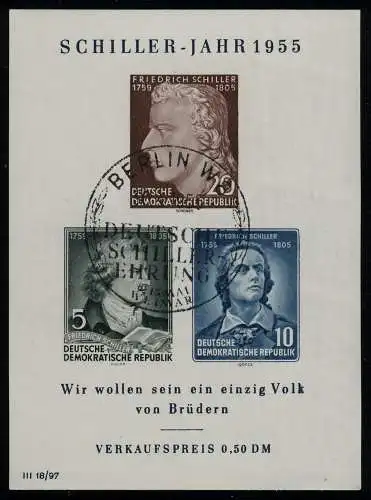 Block 12 X I Schiller, Ersttagssonderstempel Berlin