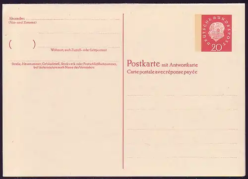 P 47 Heuss II 20/20 Pf, Postkarte unter Wertstempel, **