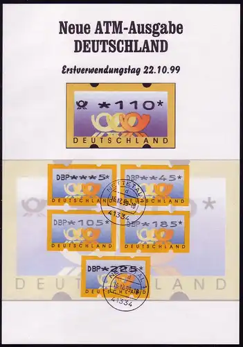 3.1 Posthörner DBP - VS-Satz 5 ATM 5-225 Pf. auf ETB mit Frühdatum 16.12.99