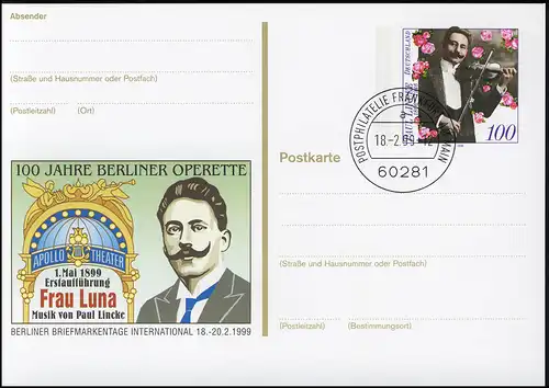 PSo 57 Briefmarkenbörse Berlin Operette Paul Lincke 1999, VS-O Frankfurt 18.2.99