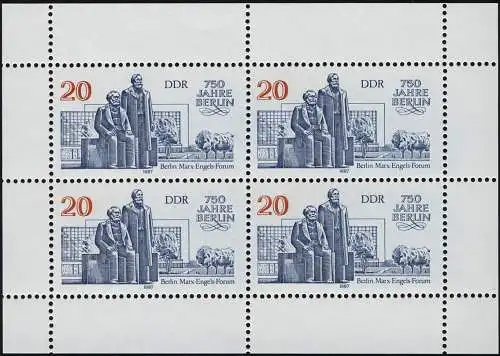 3077 Marx-Engels-Forum-Kleinbogen Berlin 4x 20 Pf 1987, ** postfrisch