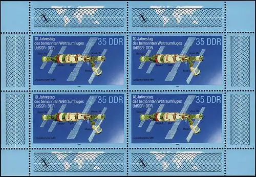 3192 Weltraumflug-Kleinbogen 4x35 Pf 1988, ** postfrisch