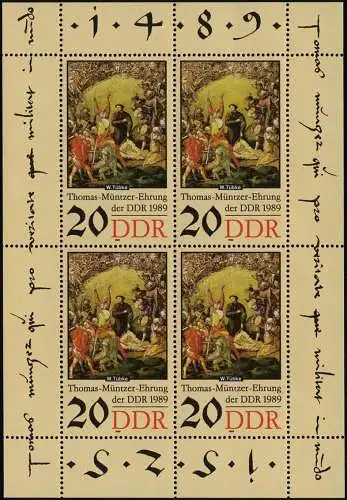 3271 Müntzer-Kleinbogen 4x20 Pf 1989, ** postfrisch