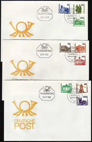 3344-3352 Bauwerke 9 Werte 1990, Satz auf 3 amtlichen FDC: FDC 1, FDC 2, FDC 3 