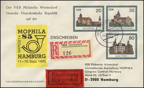 U 2 Burgen der DDR 1985, Zudruck MOPHILA, R-Express-Brief mit Ankunftstempel