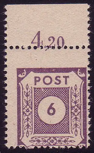 58 Freimarke 1945 Ziffer 6 Pf. - verzähnte Einzelmarke / Randstück, **