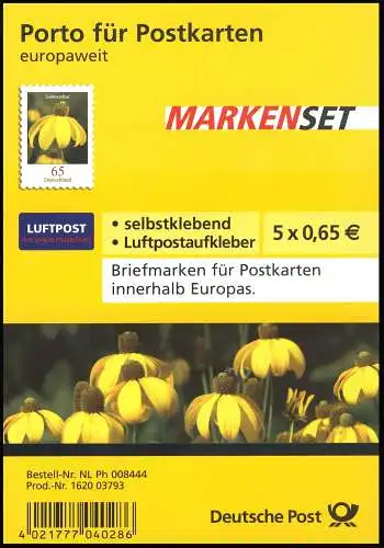 FB 2 Sonnenhut 2009, Folienblatt 5x2715 mit Luftpost-Aufkleber, **