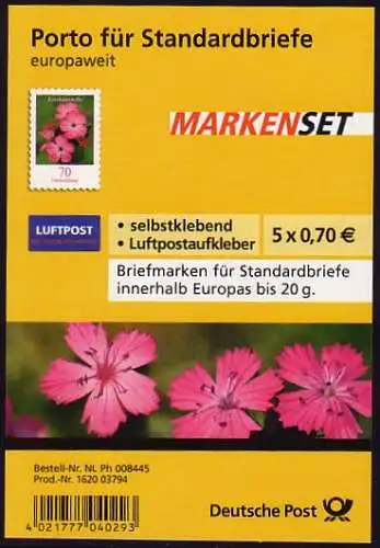 FB 3 Kartäusernelke 2009, Folienblatt 5x2716, mit Luftpost-Aufkleber **
