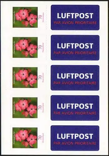 FB 3 Kartäusernelke 2009, Folienblatt 5x2716, mit Luftpost-Aufkleber **