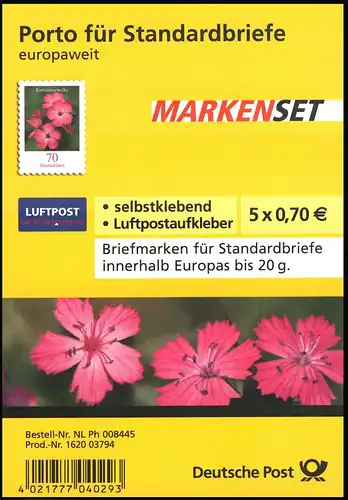 FB 3 Kartäusernelke 2009, Folienblatt 5x2716, mit Luftpost-Aufkleber, EV-O Bonn