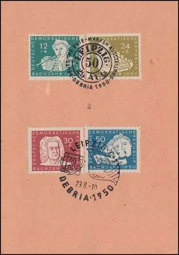 256-259 Bach 1950, jeu sur carte de cachet avec deux SSt LEIPZIG DEBRIA 29.8.50