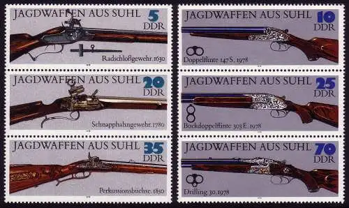 2376-2381 Jagdwaffen aus Suhl 1978, 2x3er-Streifen, Zusammendruck-Set **