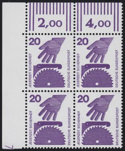 696 Unfallverhütung 20 Pf DZ 7 Feld 11, Eck-Vbl., postfrisch **
