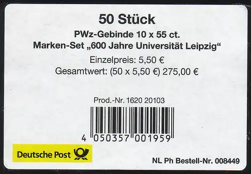 2747 Uni Leipzig, Banderole II pour feuille 4, 1620 20103