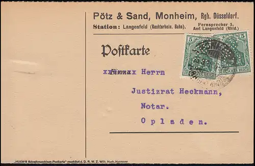 85II Germania 5 Pf. mit Firmenlochung P&S als MeF auf Karte MONHEIM 15.8.1919