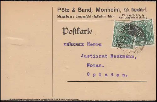 85II Germania 5 pf. avec trou d'entreprise P&S comme MeF sur la carte MONHEIM 15.8.1919