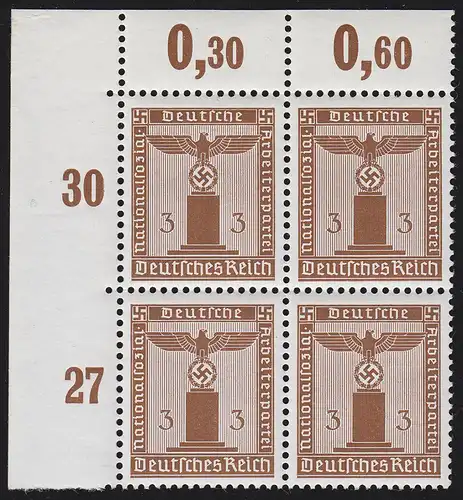 156y Parteidienstmarke 3 Pf. WAAGERECHT geriffelt, Eck-Vbl. o.l. postfrisch **