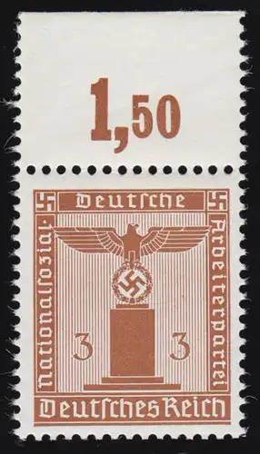 156yP OR Parteidienstmarke 3 Pf. WAAGERECHT geriffelt, Oberrand-Stück, **