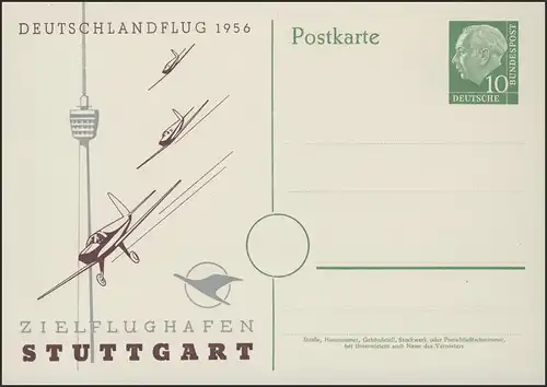 PP 8/6 Heuss 10 Pf Zielflughafen Stuttgart Fernsehturm & Deutschlandflug 1956 **