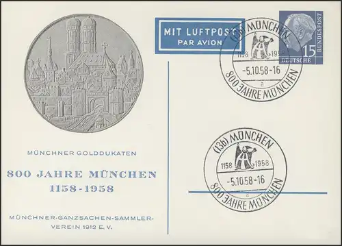 PP 9/4 Heuss 15 Pf München & Dukaten-Rückseite SSt München 800 Jahre 5.10.58