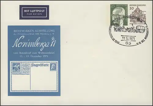 PU 26 Umschlag 25+10 Pf Heinemann+Dresden Nürnberg, SSt Postkutsche 11.12.71