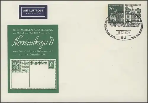 PU 27 couverture Brandebourger Tor+Berlin-Tegel Nuremberg SSt Postkuche 11.12.71